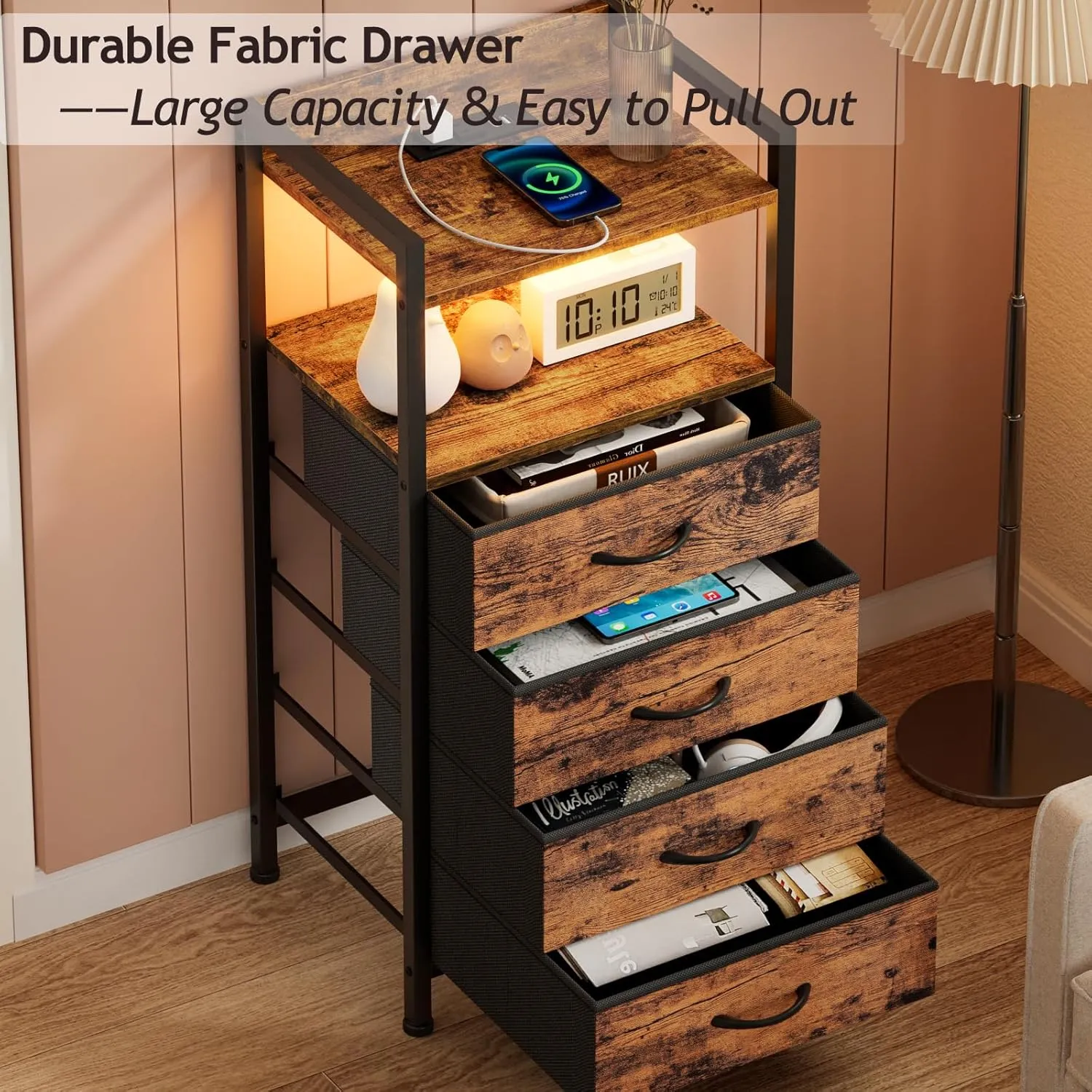 Furnulem Night Stand with Charging Station and Led Light, 4 Drawer Dresser for Bedroom, Small Nightstand Bedside Table, Fabric Bins, Metal Frame, Wood Shelf, Side Furniture(Rustic Brown)