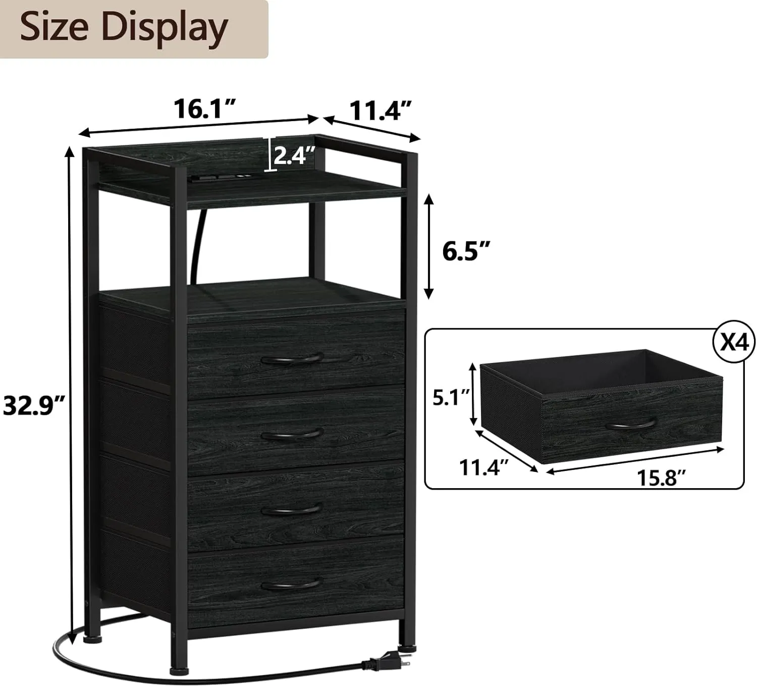 Furnulem Night Stand with Charging Station, Black Nightstand with Drawers and Led Light, Tall Dresser for Bedroom, Bedside Table with Fabric Storage Bins, Metal Frame, Wood Furniture