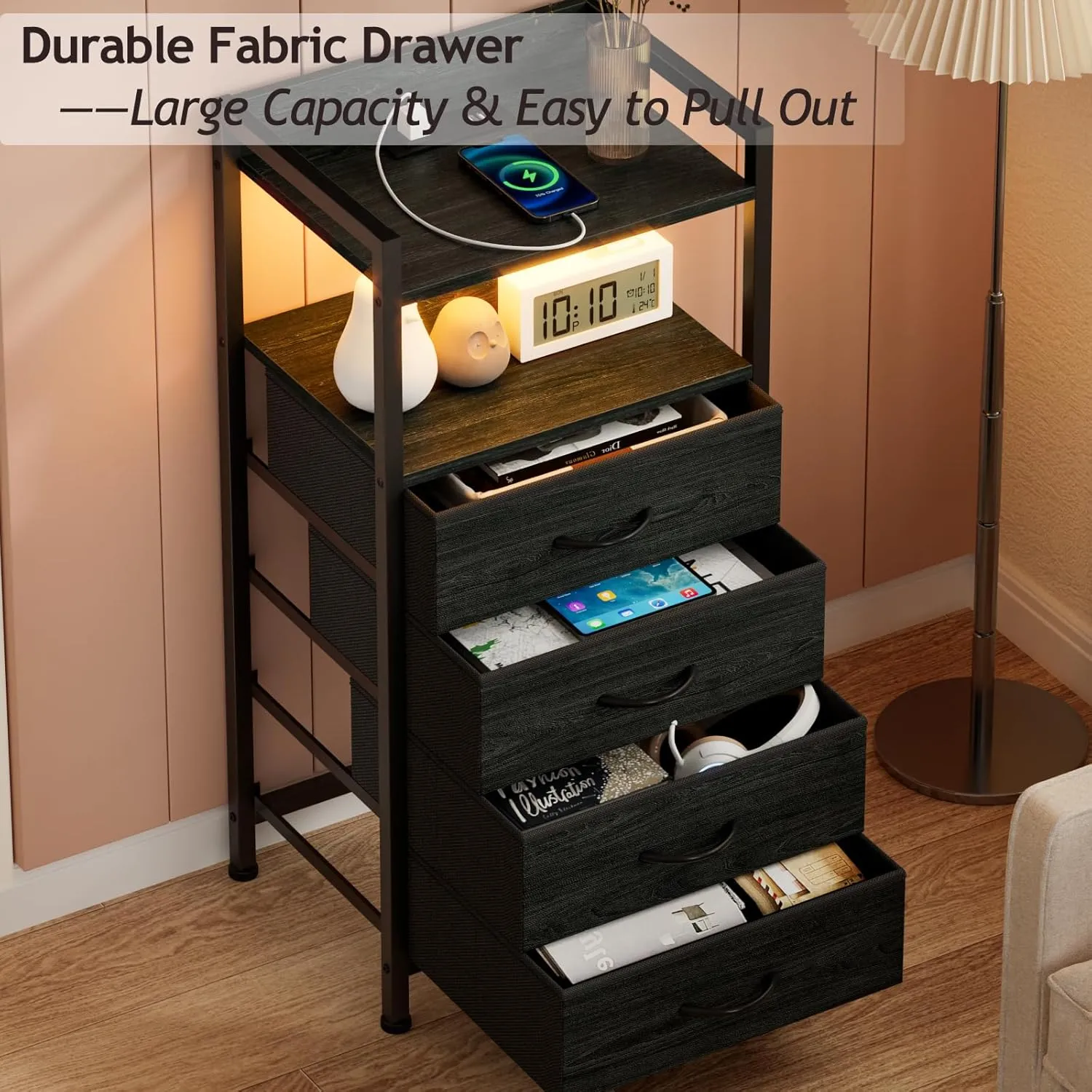 Furnulem Night Stand with Charging Station, Black Nightstand with Drawers and Led Light, Tall Dresser for Bedroom, Bedside Table with Fabric Storage Bins, Metal Frame, Wood Furniture