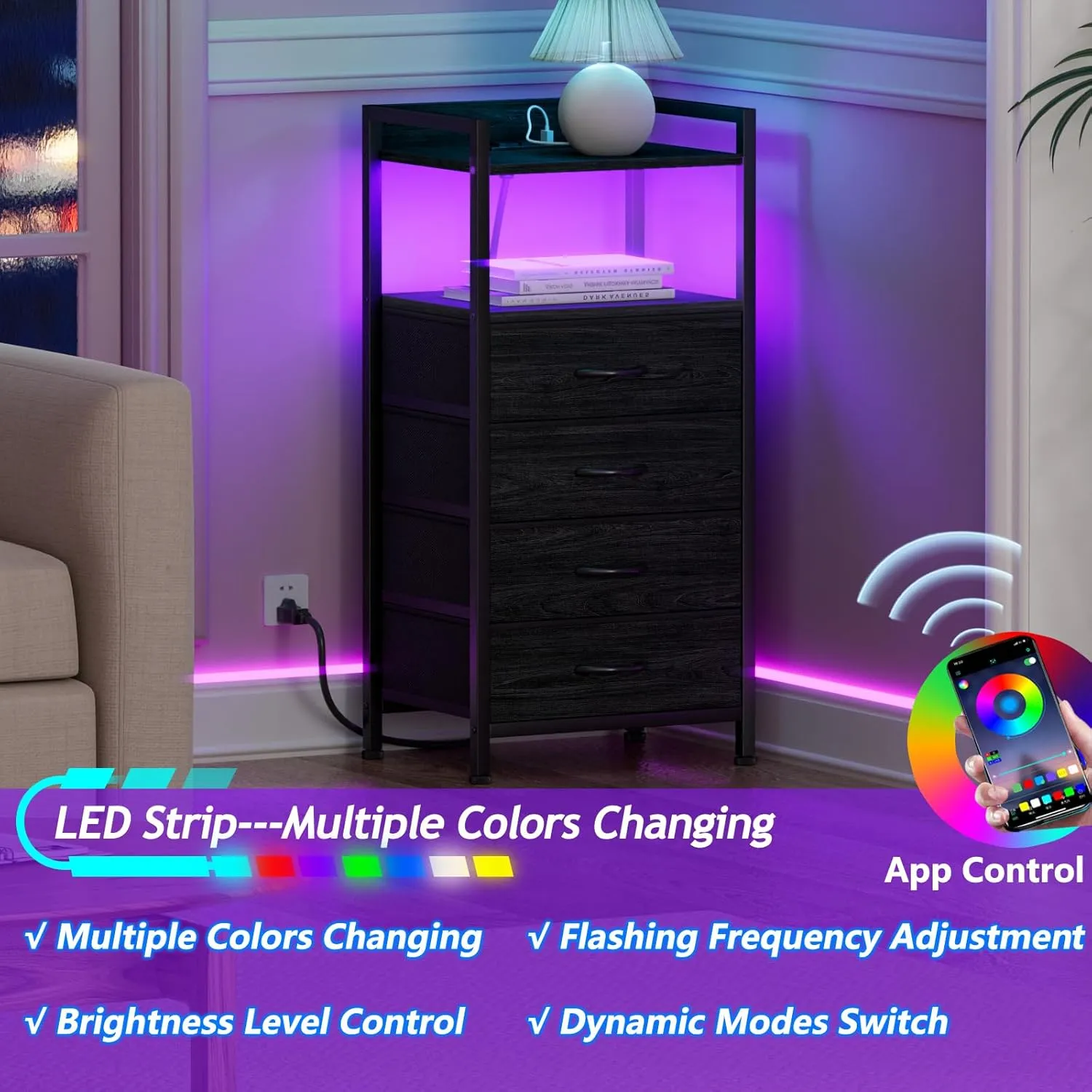 Furnulem Night Stand with Charging Station, Black Nightstand with Drawers and Led Light, Tall Dresser for Bedroom, Bedside Table with Fabric Storage Bins, Metal Frame, Wood Furniture