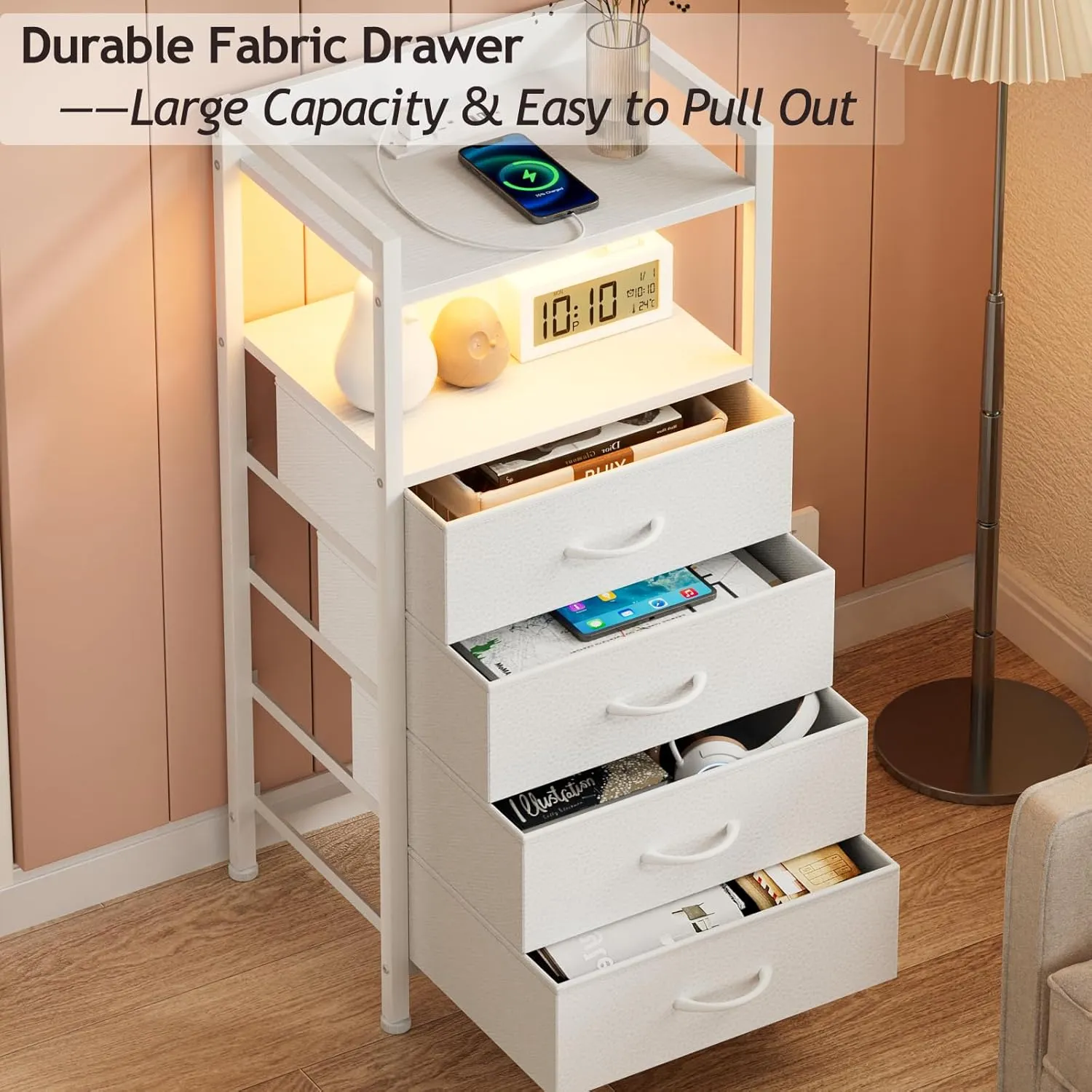 Furnulem White Nightstand with Charging Station, Night Stand Side Table with Led Light, Tall Dresser for Bedroom with 4 Fabric Storage Drawers, Metal Frame, Wood Shelf(White)