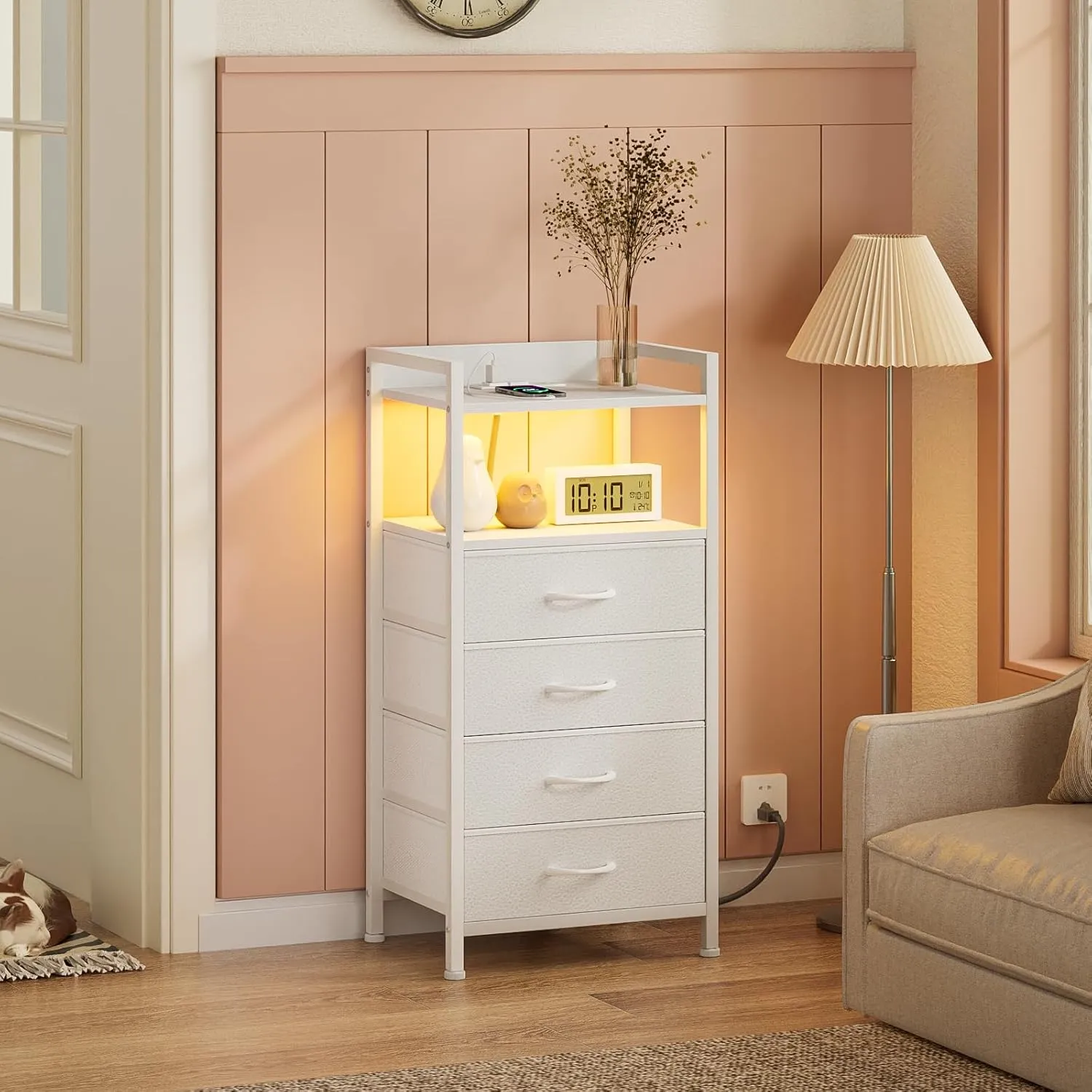 Furnulem White Nightstand with Charging Station, Night Stand Side Table with Led Light, Tall Dresser for Bedroom with 4 Fabric Storage Drawers, Metal Frame, Wood Shelf(White)