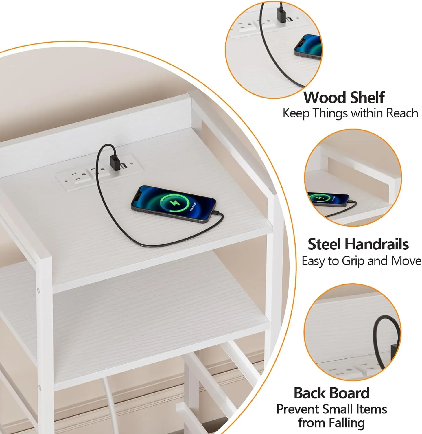 Furnulem White Nightstand with Charging Station, Night Stand Side Table with Led Light, Tall Dresser for Bedroom with 4 Fabric Storage Drawers, Metal Frame, Wood Shelf(White)