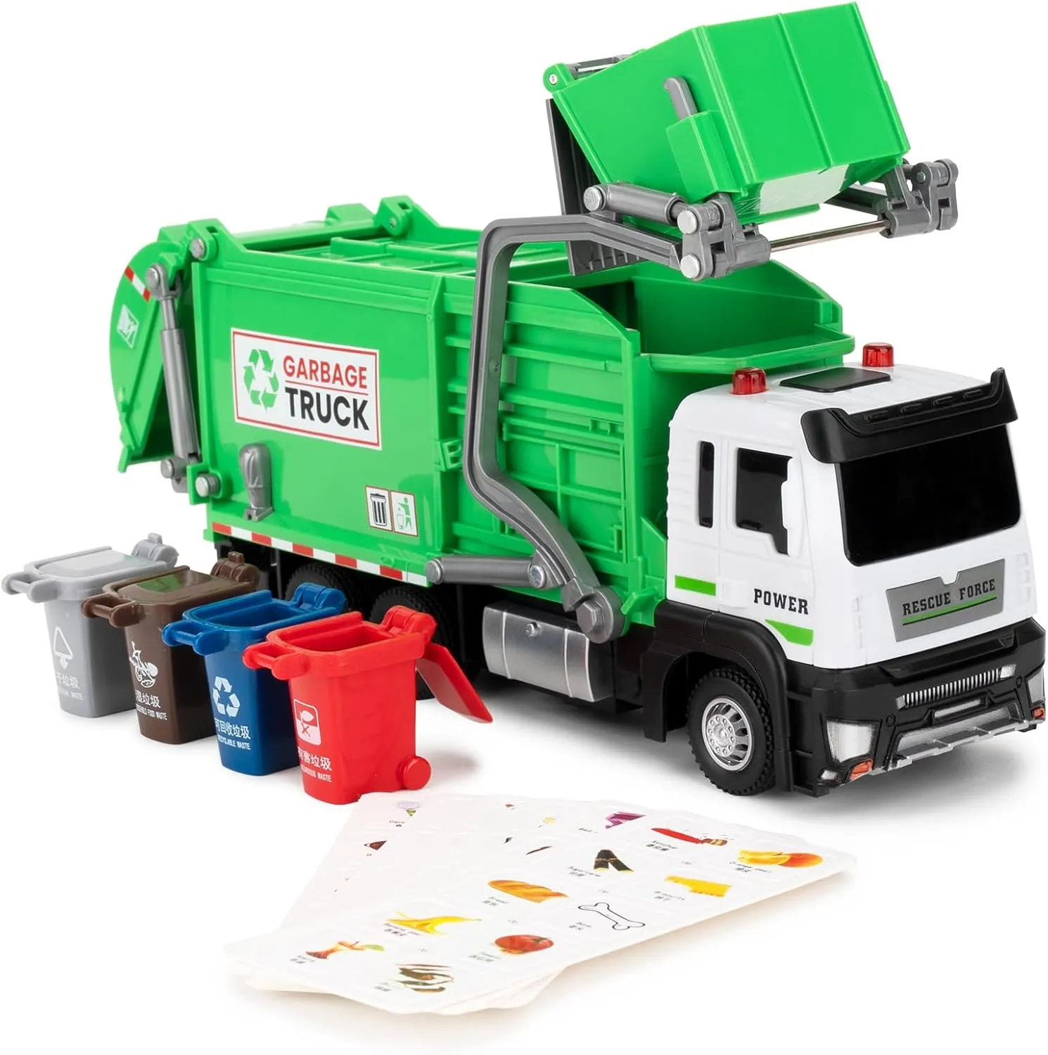 Garbage Truck Toys for Kids, Pull Back Plastic Green Car with Sounds and Lights, Educational Trash Truck Toy Vehicle with 4 Garbage Bins and Learning Cards for Kids