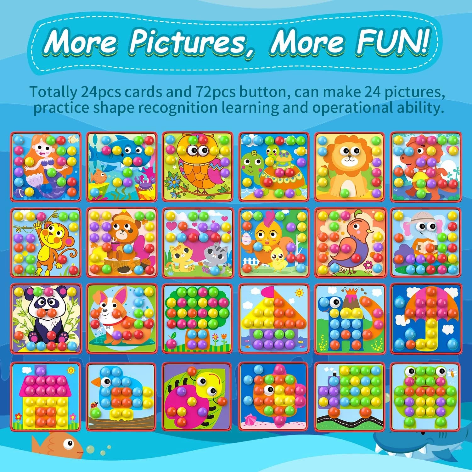 Geekper 96 PCS Button Art Toys for Toddlers, Color Matching Mosaic Pegboard Early Learning Educational Toys for 3, 4, 5, 6 Year Old Kids Boys and Girls Gifts, Including 24 Pictures and 72 Buttons