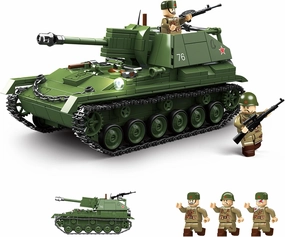 General Jim's SU-76M Tank Destroyer Building Block Set – 769 Pieces – Includes 3 Figurines – Movable Turret, Removable Roof – WWII Soviet Model Kit