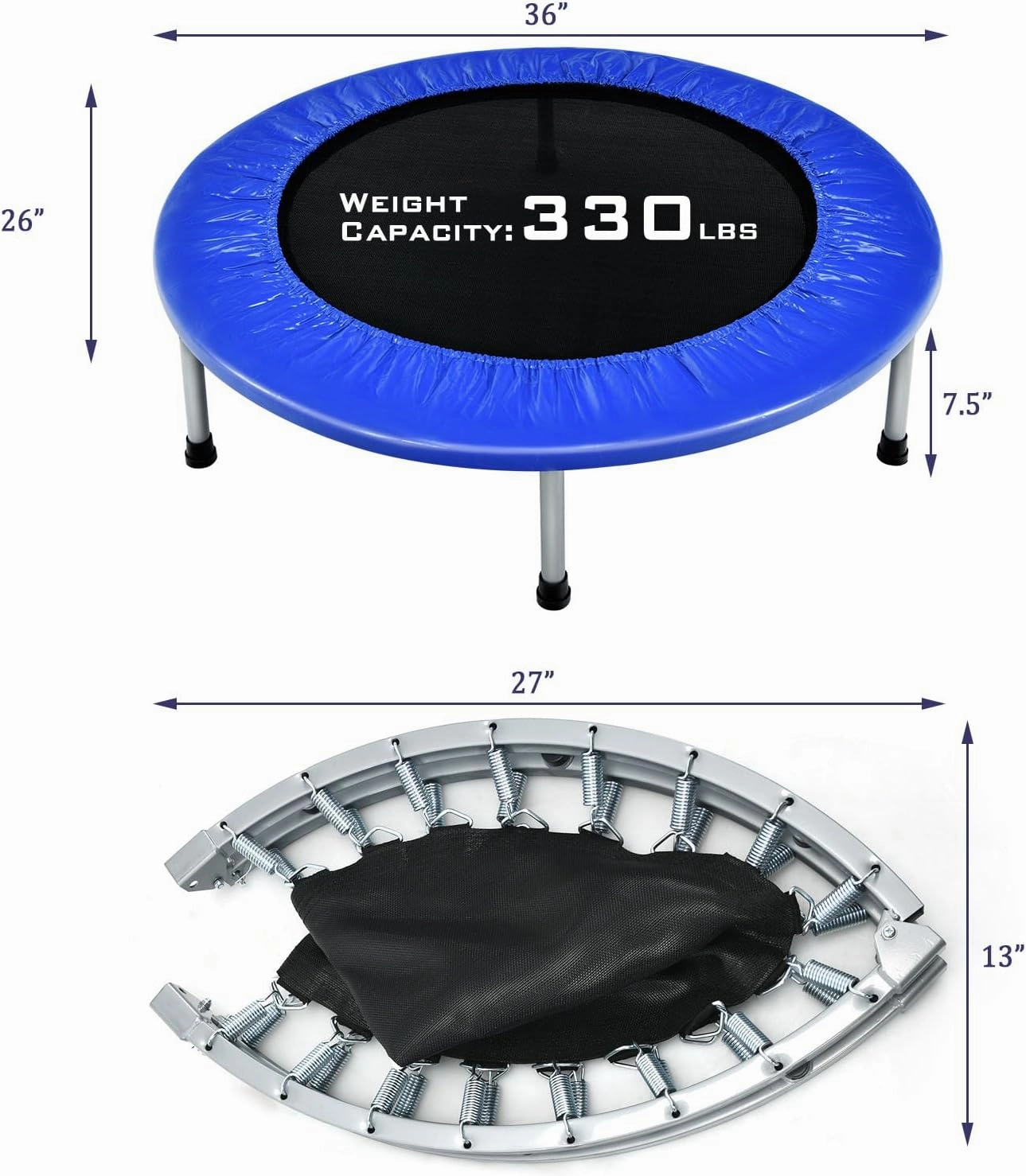 Giantex 36" 38" Folding Mini Trampoline, Portable Recreational Fitness Trampoline for Adults, Kids, Max Load 330lbs, Foldable Indoor Exercise Rebounder Trampoline