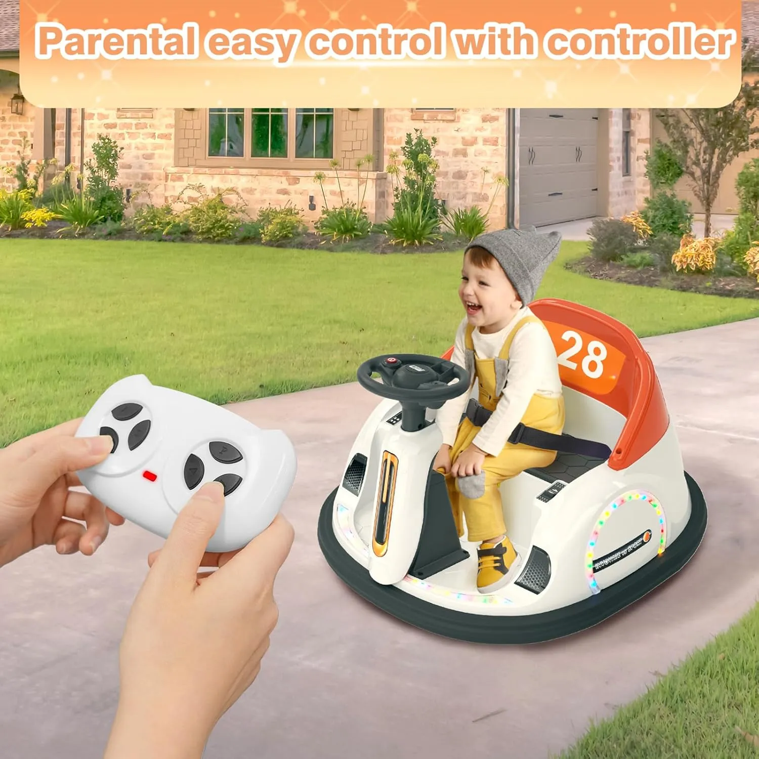 Glaf 12V Baby Bumper Car Electric Ride On Bumper Car for Kids with Remote Control, 360° Spin, LED Lights & MP3, Toddlers Bumping Toy Car Gifts for Girls/Boys 1.5  Years(Orange)