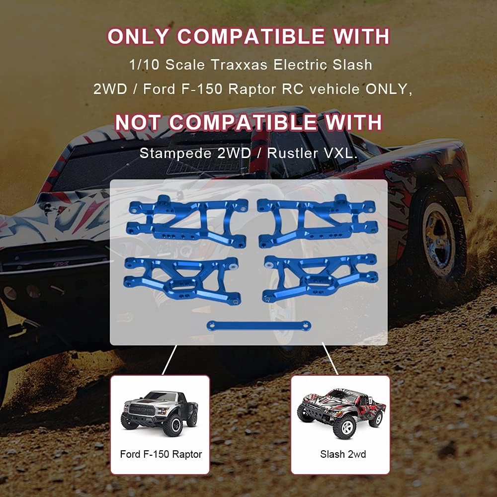 Globact 4-Pack Aluminum Alloy Front & Rear Suspension A-Arms and Tie Bar Upgrade Parts for Traxxas Slash 2WD F-150 1/10 RC Car Replacement of 2555 3631 2532 (Blue)