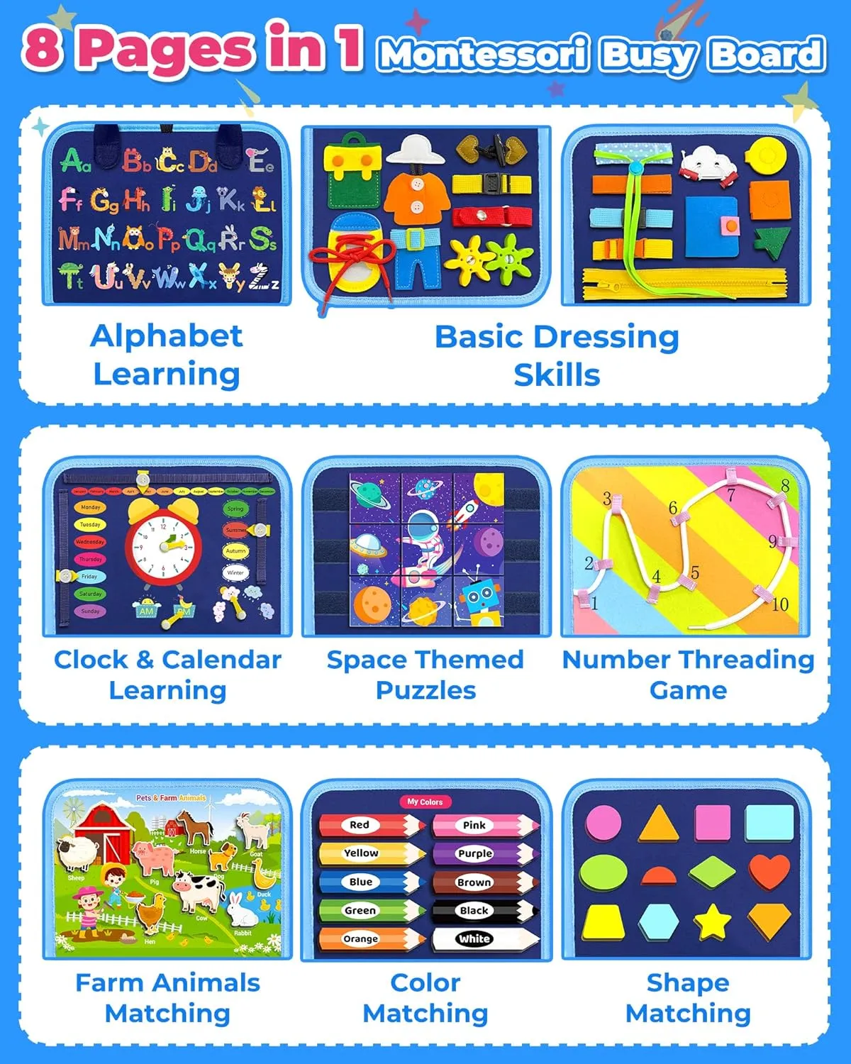 Gojmzo Busy Board Montessori Toys for Toddler Boy Birthday Gifts, Busy Book Sensory Toys for Toddlers, Learning Educational Toddler Travel Activities