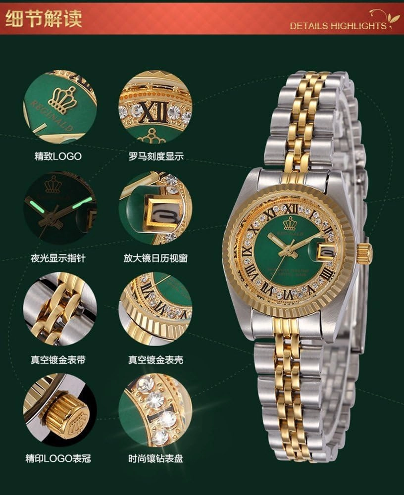 Gosasa Luxury Womens Analog Watch Diamond Gold Stainless Steel Quartz Watch Waterproof Calendar Luminous Watch