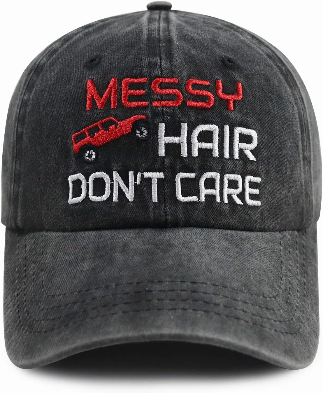 Goyklrb Messy Hair Don't Care Baseball Cap for Women Men, Funny Adjustable Washed Cotton Embroidered Hat