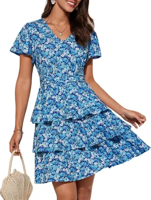 GRACE KARIN Women's Summer Dresses 2025 Floral Short Sleeve V Neck Ruffle Tiered Layered Boho Mini Dress