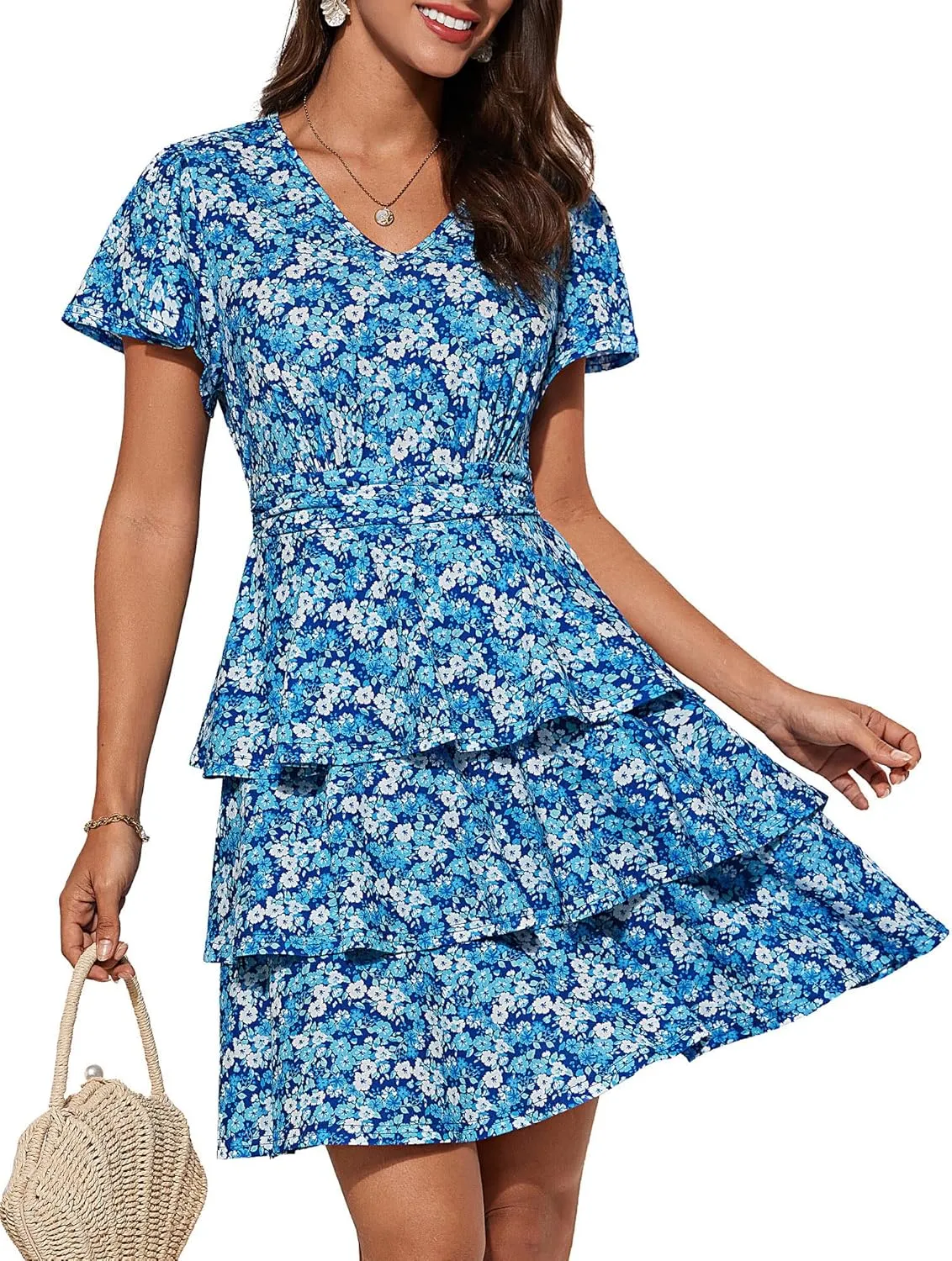 GRACE KARIN Women's Summer Dresses 2025 Floral Short Sleeve V Neck Ruffle Tiered Layered Boho Mini Dress