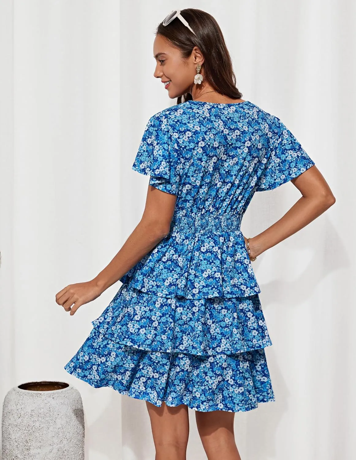 GRACE KARIN Women's Summer Dresses 2025 Floral Short Sleeve V Neck Ruffle Tiered Layered Boho Mini Dress