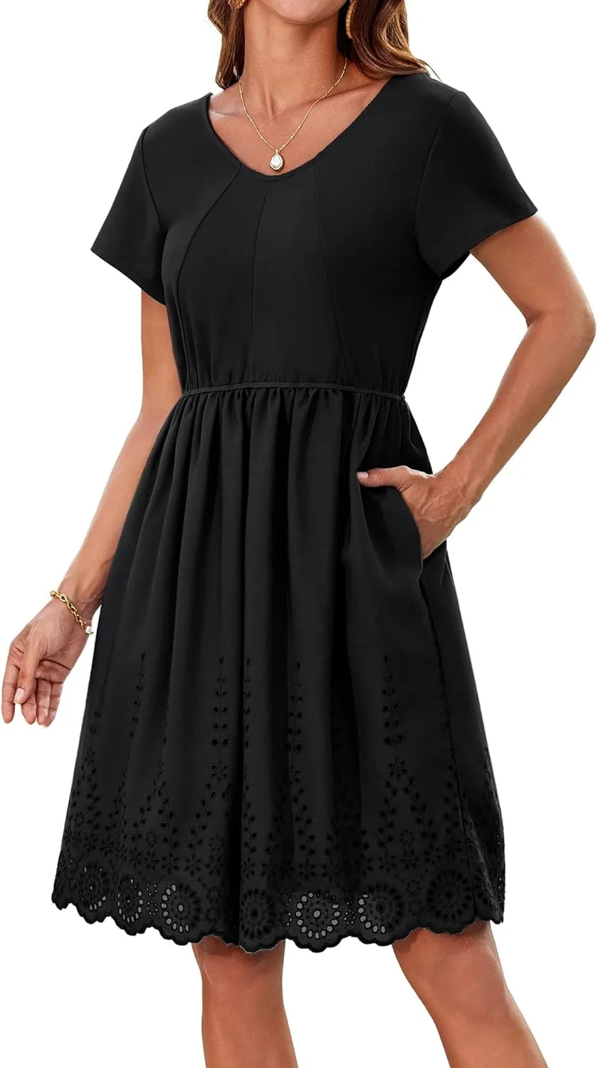 GRACE KARIN Women's Summer Short Sleeve Mini Dress V Neck A Line Casual Embroidery Vacation Beach Short Dresses with Pockets