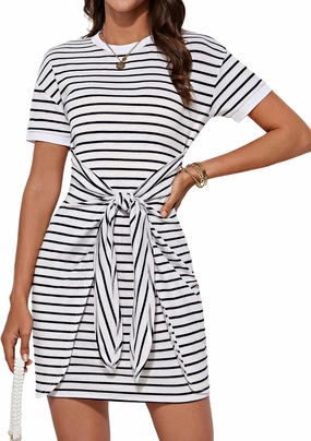 GRACE KARIN Striped Shirt Dresses for Women Front Tie Crewneck Wrap Dress Short Sleeve T-Shirt Casual Mini Bodycon Dress