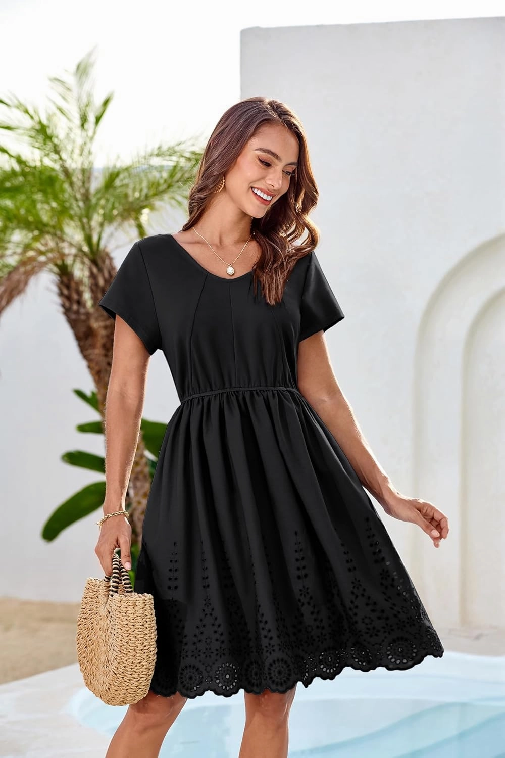 GRACE KARIN Women's Summer Short Sleeve Mini Dress V Neck A Line Casual Embroidery Vacation Beach Short Dresses with Pockets