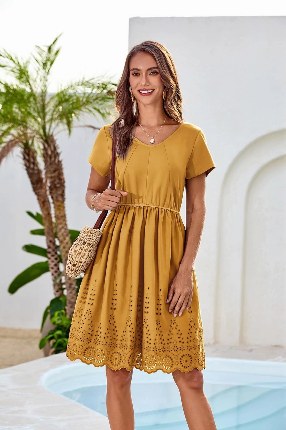 GRACE KARIN Women's Summer Short Sleeve Mini Dress V Neck A Line Casual Embroidery Vacation Beach Short Dresses with Pockets
