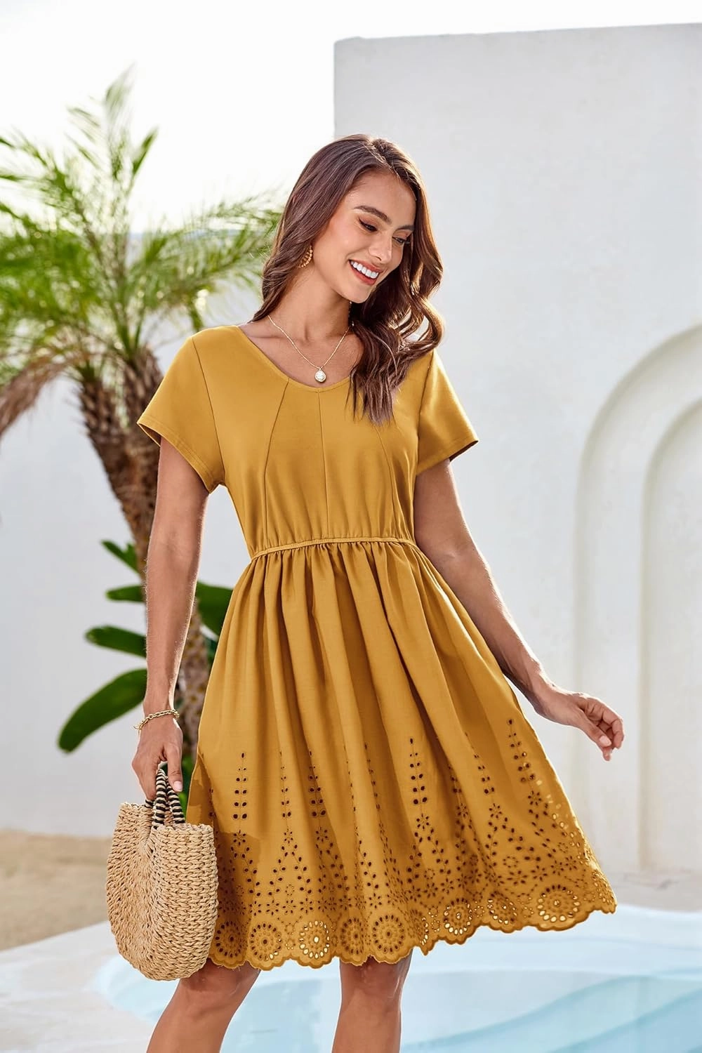 GRACE KARIN Women's Summer Short Sleeve Mini Dress V Neck A Line Casual Embroidery Vacation Beach Short Dresses with Pockets