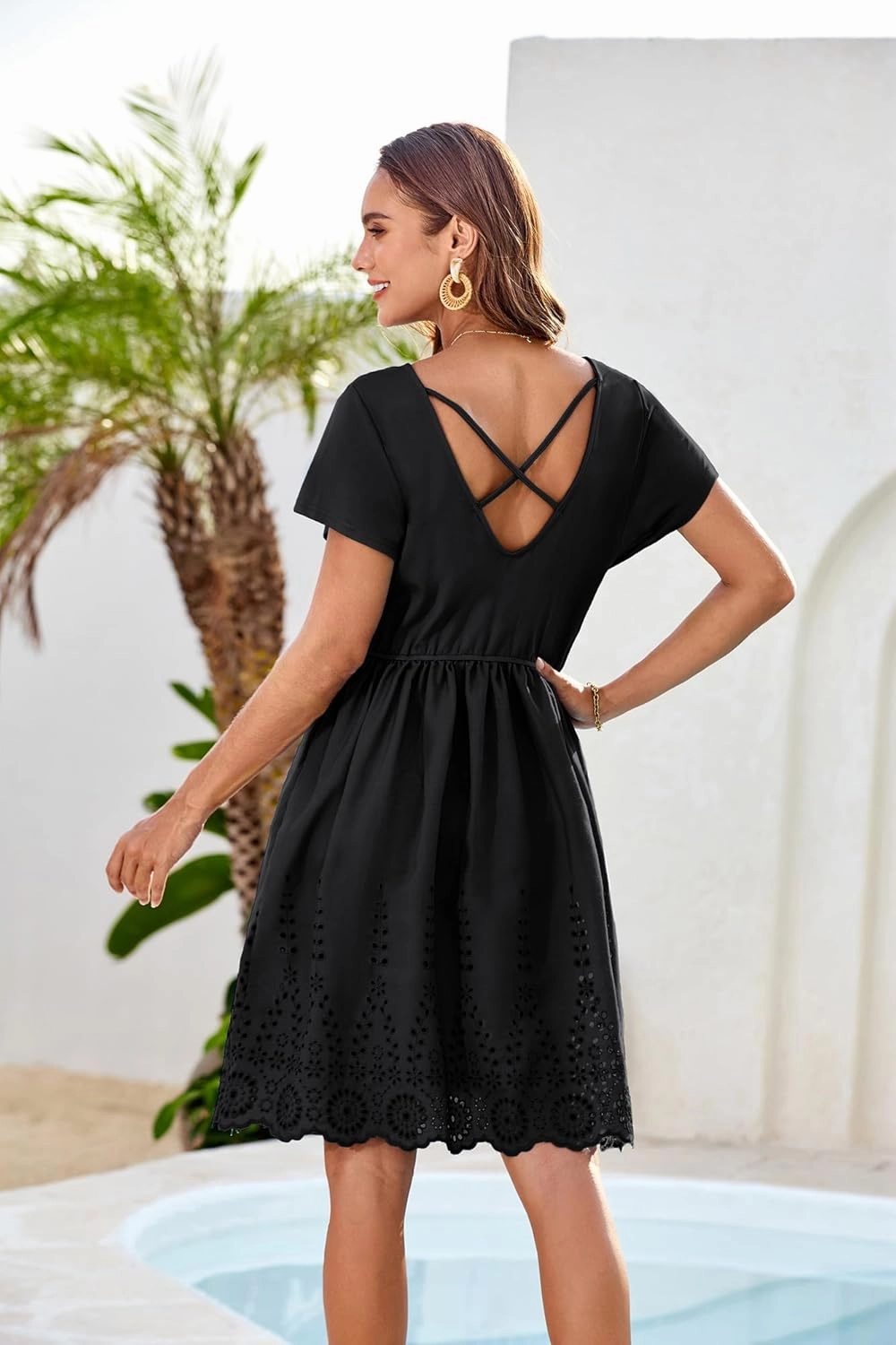 GRACE KARIN Women's Summer Short Sleeve Mini Dress V Neck A Line Casual Embroidery Vacation Beach Short Dresses with Pockets