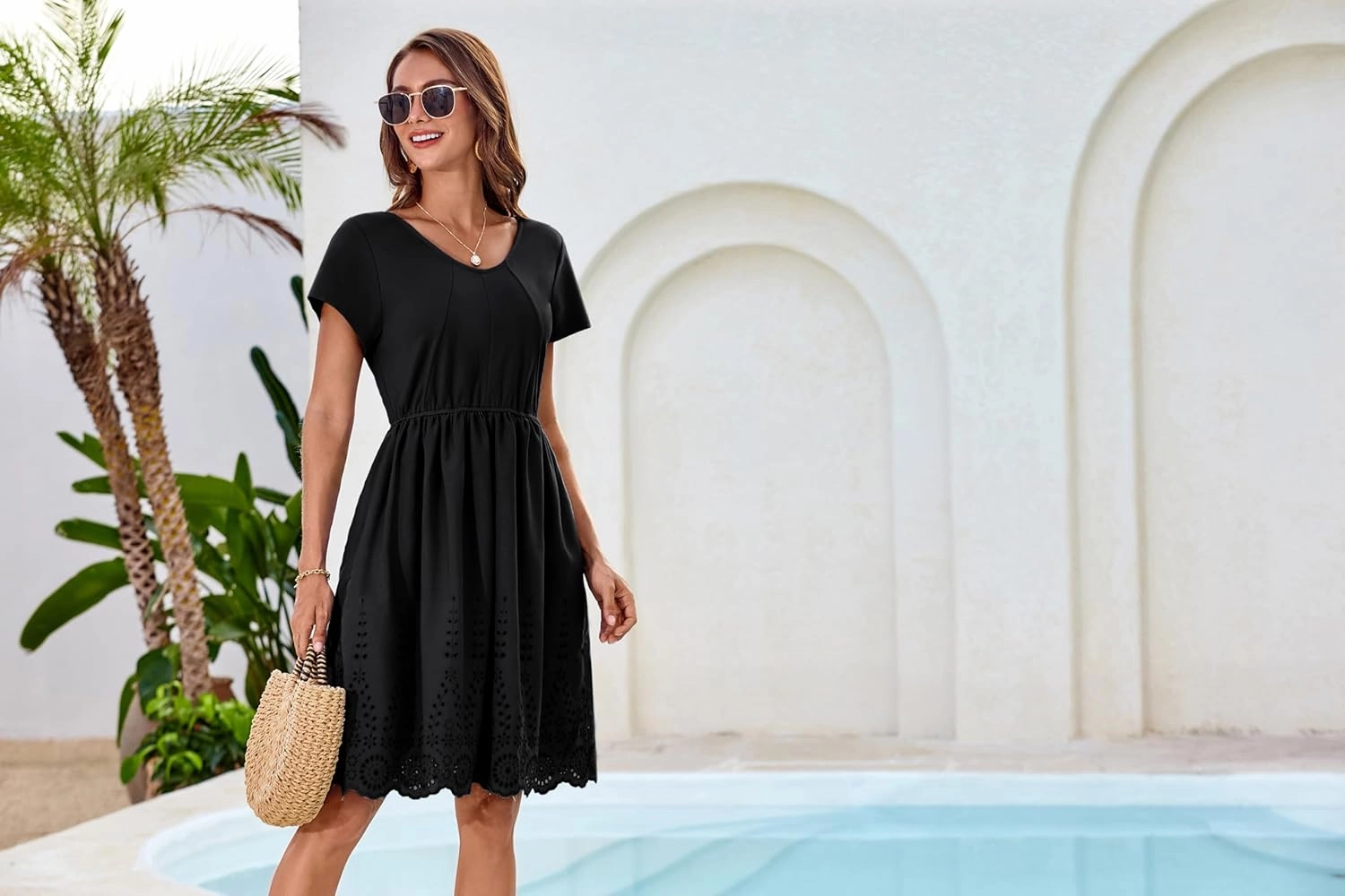 GRACE KARIN Women's Summer Short Sleeve Mini Dress V Neck A Line Casual Embroidery Vacation Beach Short Dresses with Pockets