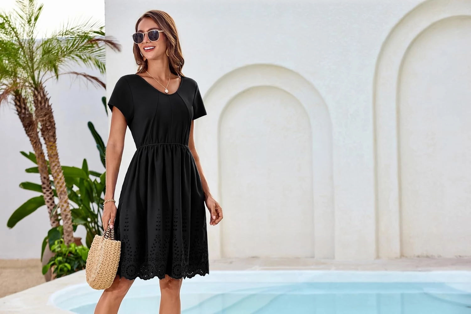 GRACE KARIN Women's Summer Short Sleeve Mini Dress V Neck A Line Casual Embroidery Vacation Beach Short Dresses with Pockets