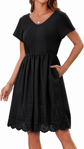 GRACE KARIN Women's Summer Short Sleeve Mini Dress V Neck A Line Casual Embroidery Vacation Beach Short Dresses with Pockets