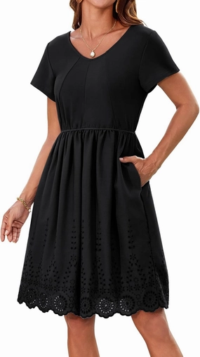 GRACE KARIN Women's Summer Short Sleeve Mini Dress V Neck A Line Casual Embroidery Vacation Beach Short Dresses with Pockets