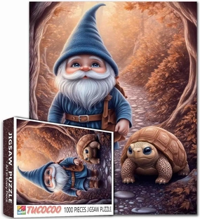 Grandpa Gnome Walking with Tortoise Jigsaw Puzzle 1000 Pieces Forest Trail Puzzle for Adults and Teens Wholesome Outdoor Scene 27×20 Inches Cute Gnome Art