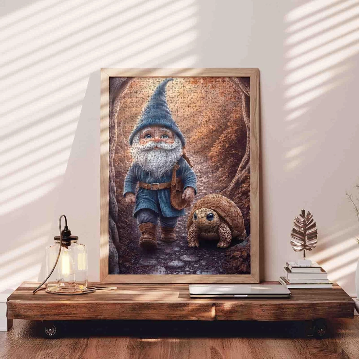 Grandpa Gnome Walking with Tortoise Jigsaw Puzzle 1000 Pieces Forest Trail Puzzle for Adults and Teens Wholesome Outdoor Scene 27×20 Inches Cute Gnome Art