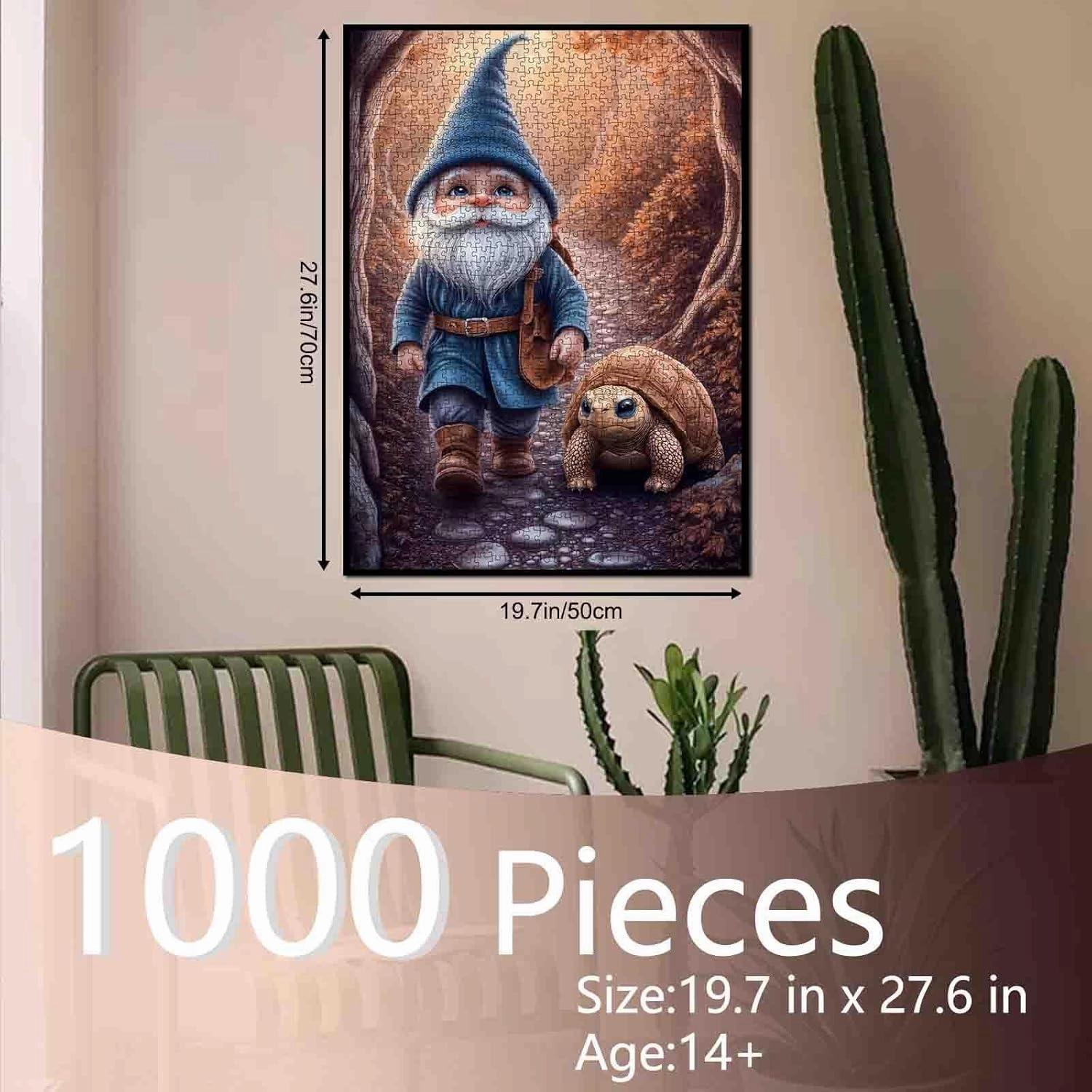 Grandpa Gnome Walking with Tortoise Jigsaw Puzzle 1000 Pieces Forest Trail Puzzle for Adults and Teens Wholesome Outdoor Scene 27×20 Inches Cute Gnome Art