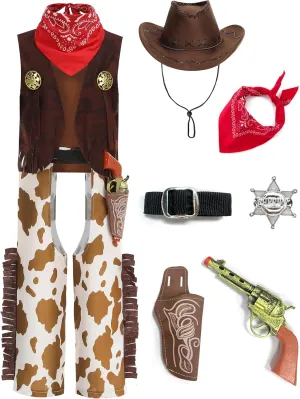 GZ-LAOPAITOU 8 Pcs Cowboy Costume for Boys, Kids Cowboy Outfit Brown Western Costume Toddler Role Play Halloween Cosplay