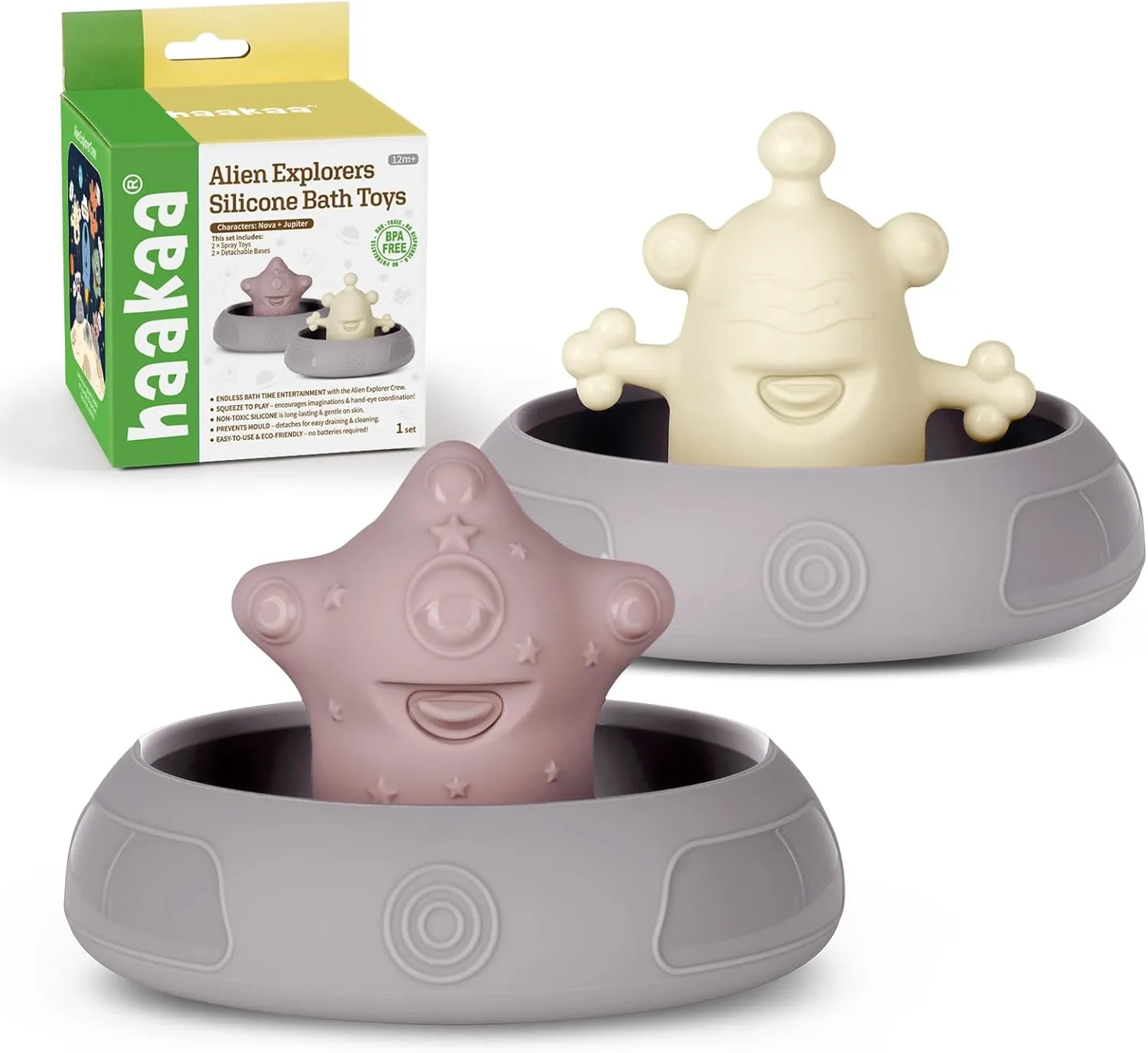 Haakaa Squeeze Alien Explorers Baby Bath Toys, Food Grade Silicone Toddler Bath Toys for Bathtubs/Swimming Pools/Beaches, Detachable Mold Free Floating Tub Toys for Kids Ages 1-3 (Nova Jupiter)