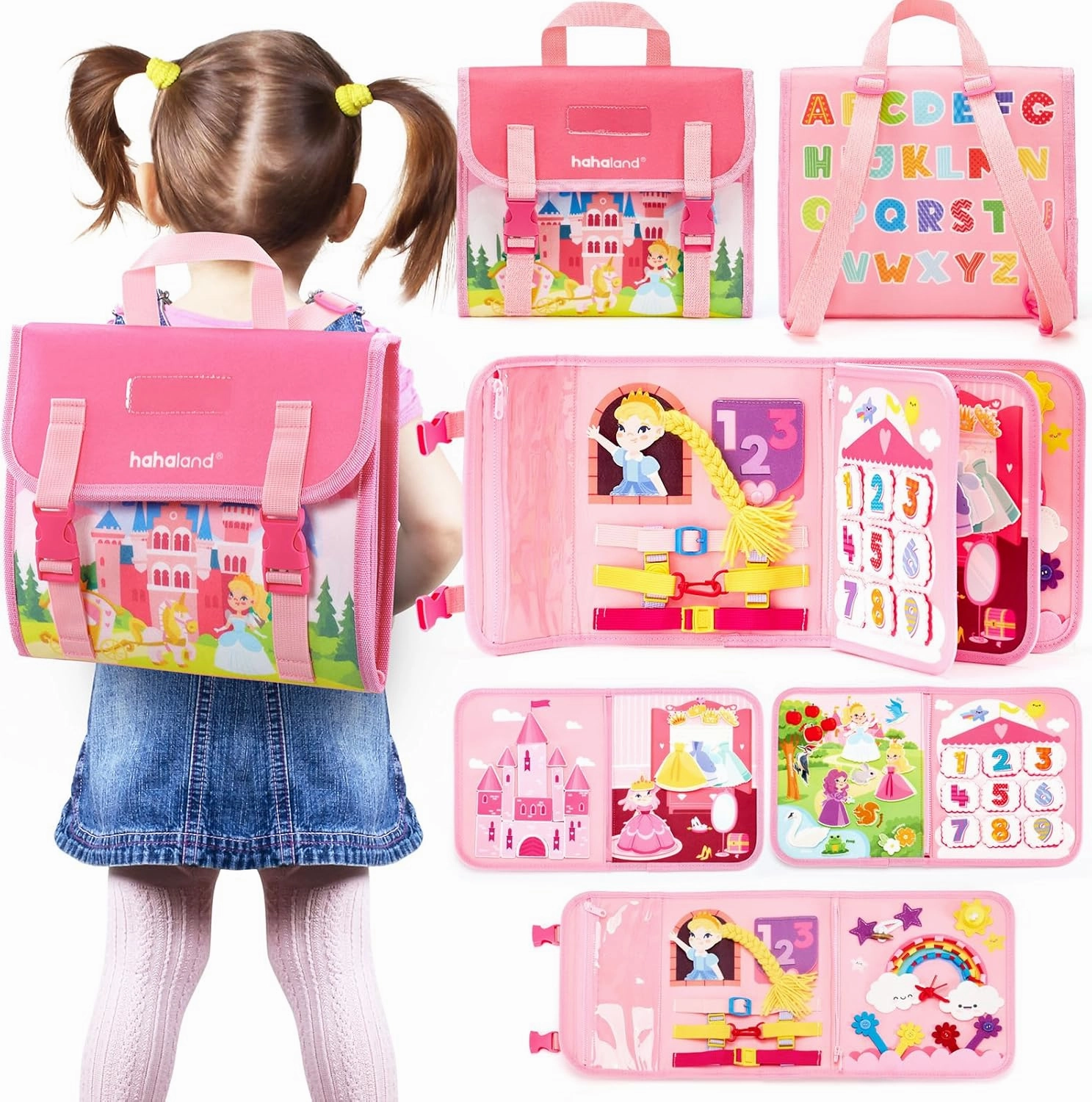 hahaland Montessori Toys for Ages 2-4, Busy Board 1-4 Year Old Girl Birthday Gift 17 in 1 Preschool Learning Activities with 12 Life Skill, Number,Shape,Dressup,Animal,Figures,Baby Girl Easter Gifts