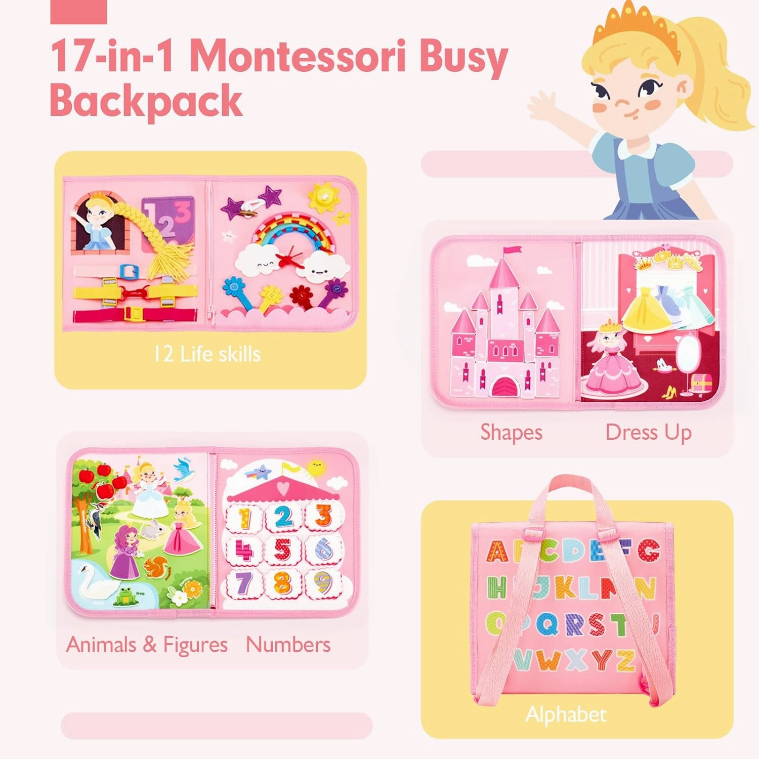 hahaland Montessori Toys for Ages 2-4, Busy Board 1-4 Year Old Girl Birthday Gift 17 in 1 Preschool Learning Activities with 12 Life Skill, Number,Shape,Dressup,Animal,Figures,Baby Girl Easter Gifts