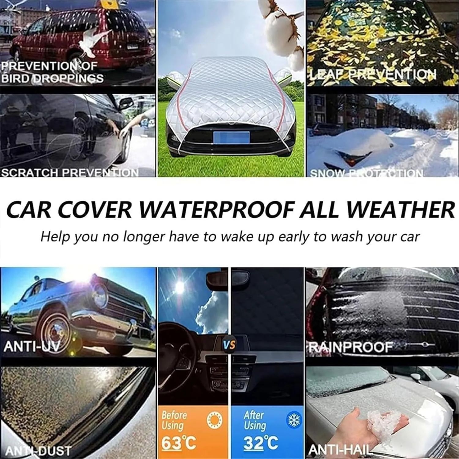 Hail Protector Car Cover, 5-Layer Padded Anti-Hail Car Cover, Heavy Duty Waterproof with Reflective Safety Strips, All-Weather Protection Against Hail Snow Rain (White,Hatchback)