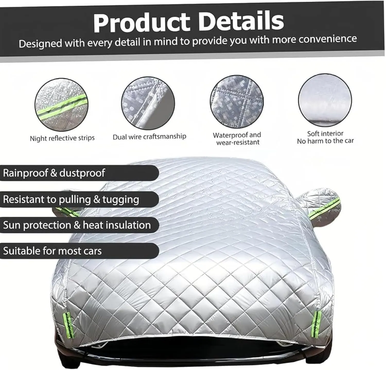 Hail Protector Car Cover, 5-Layer Padded Anti-Hail Car Cover, Heavy Duty Waterproof with Reflective Safety Strips, All-Weather Protection Against Hail Snow Rain (White,Hatchback)