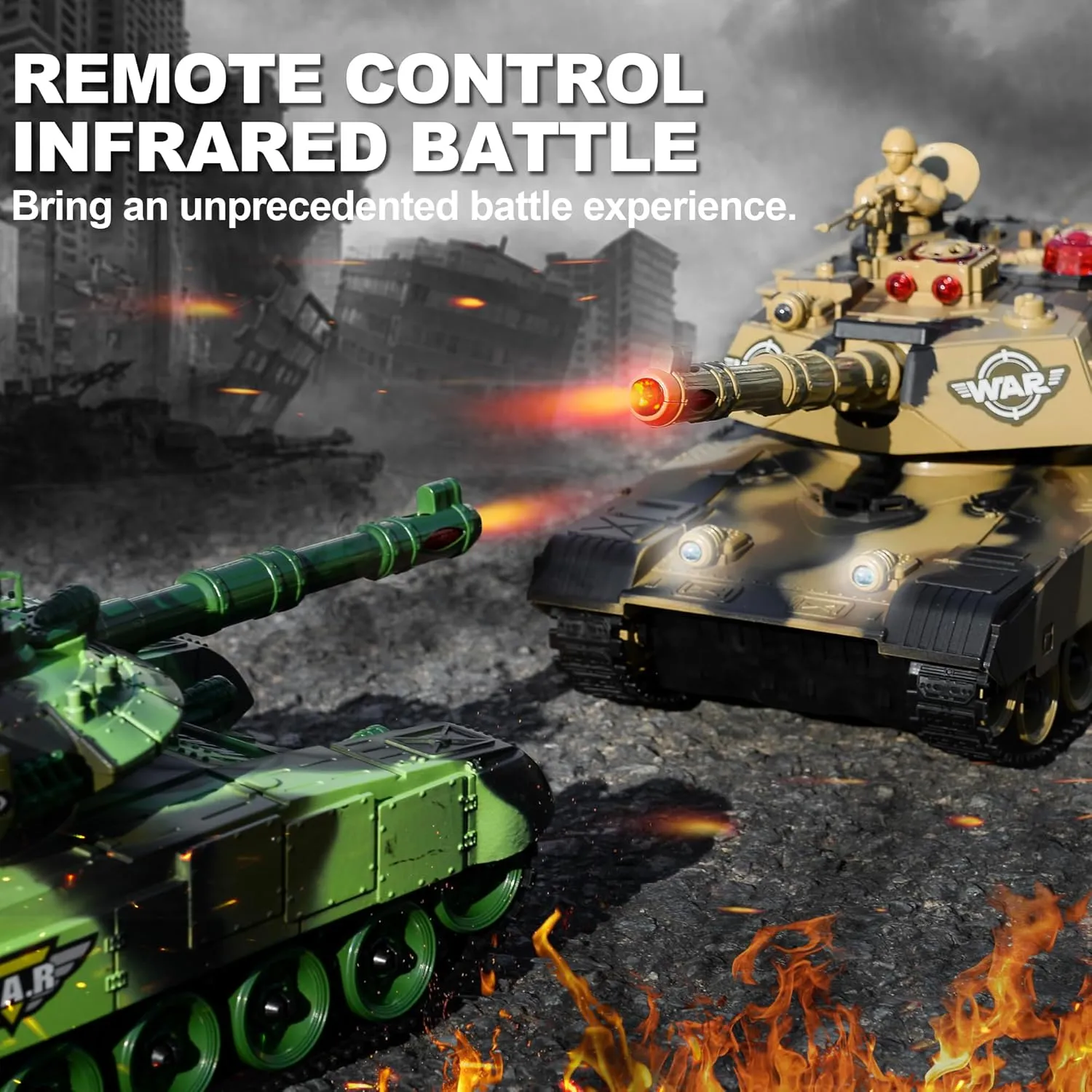 Haktoys 2-Pack RC Battle Tank Set – 1:24 Scale Remote Control Military Fighting Tanks with Lights, Realistic Sounds & Life Indicators | Radio Control Army Toy for Kids & Adults