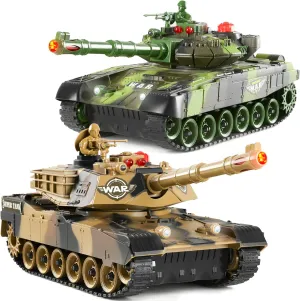 Haktoys 2-Pack RC Battle Tank Set – 1:24 Scale Remote Control Military Fighting Tanks with Lights, Realistic Sounds & Life Indicators | Radio Control Army Toy for Kids & Adults