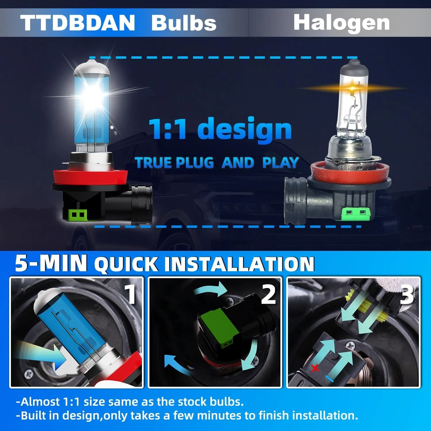 Halogen Headlights Fit for Chevrolet Chevy Impala 2006-2013 Headlight Bulbs,H11/H8/H9 High Beam   H11/H8/H9 Low Beam Bright Front Car Lights,Plug And Play,Pack of 4