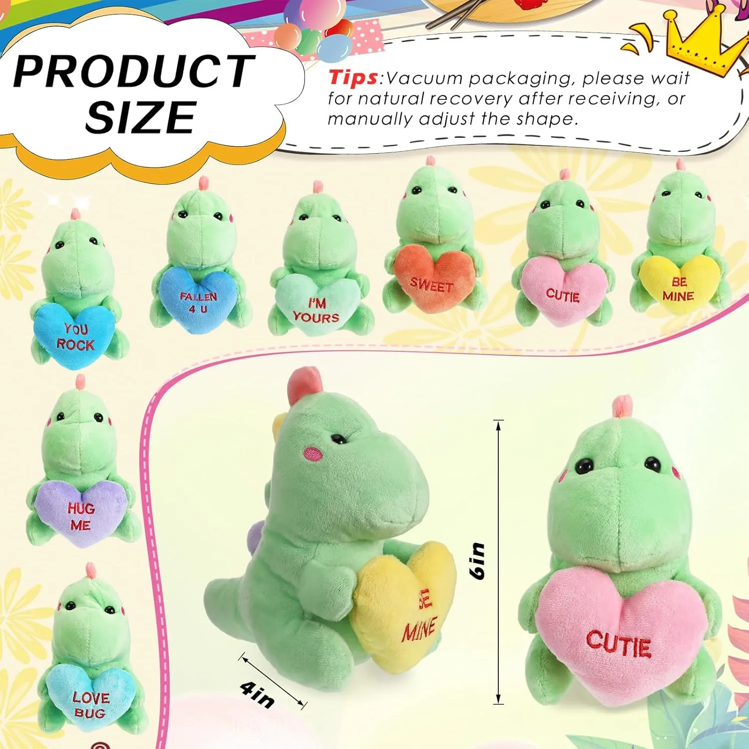 Hanaive 8 Pcs Valentines Day Stuffed Animals Bulk Valentine Plush Animals Toys with Holding Heart Sweet Romantic Anniversary Birthday Funny Gift for Her Girls Boys Girlfriend (Dinosaur)
