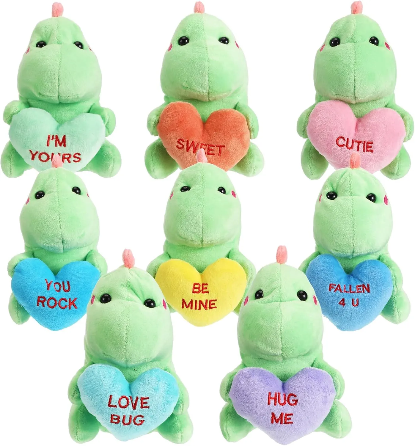 Hanaive 8 Pcs Valentines Day Stuffed Animals Bulk Valentine Plush Animals Toys with Holding Heart Sweet Romantic Anniversary Birthday Funny Gift for Her Girls Boys Girlfriend (Dinosaur)