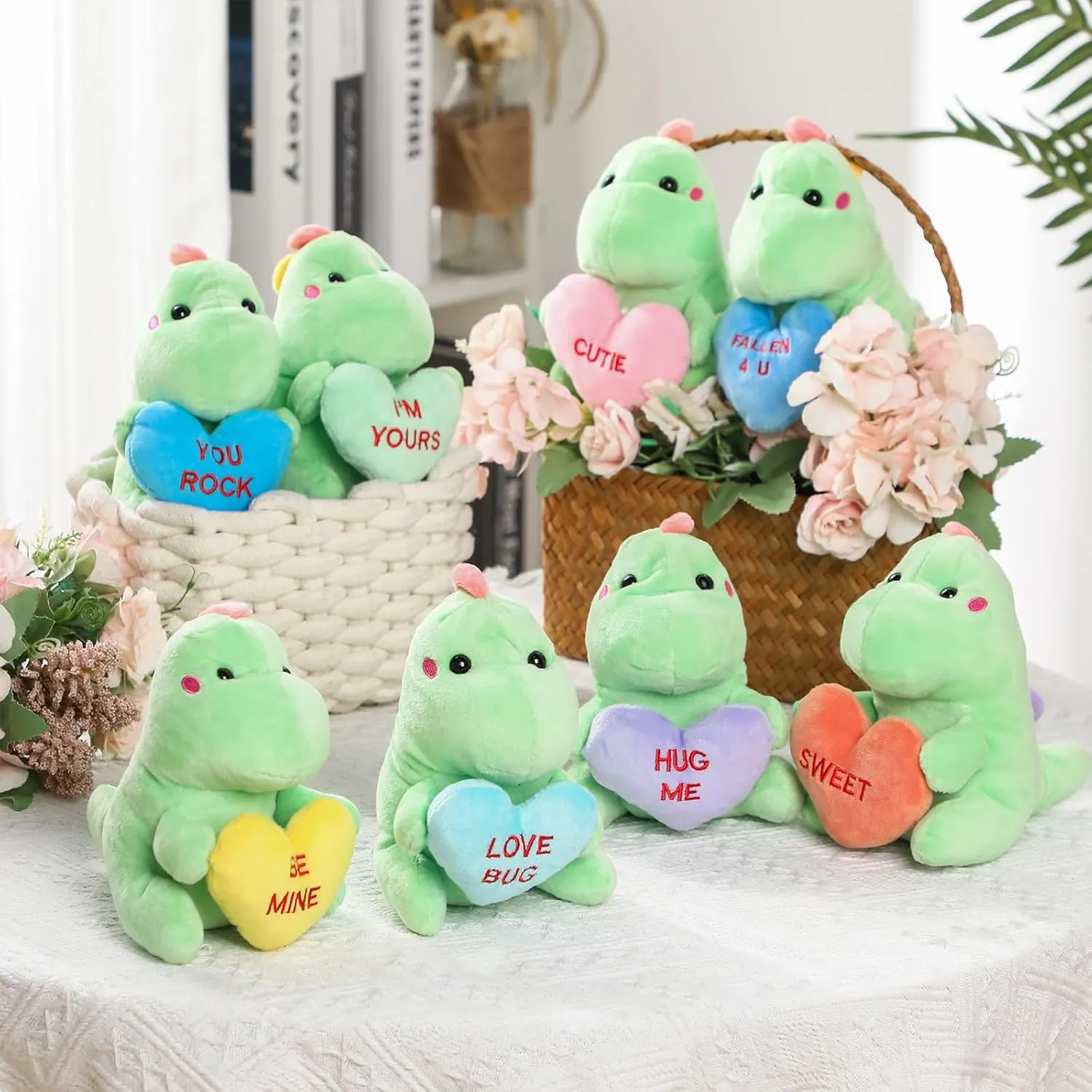 Hanaive 8 Pcs Valentines Day Stuffed Animals Bulk Valentine Plush Animals Toys with Holding Heart Sweet Romantic Anniversary Birthday Funny Gift for Her Girls Boys Girlfriend (Dinosaur)