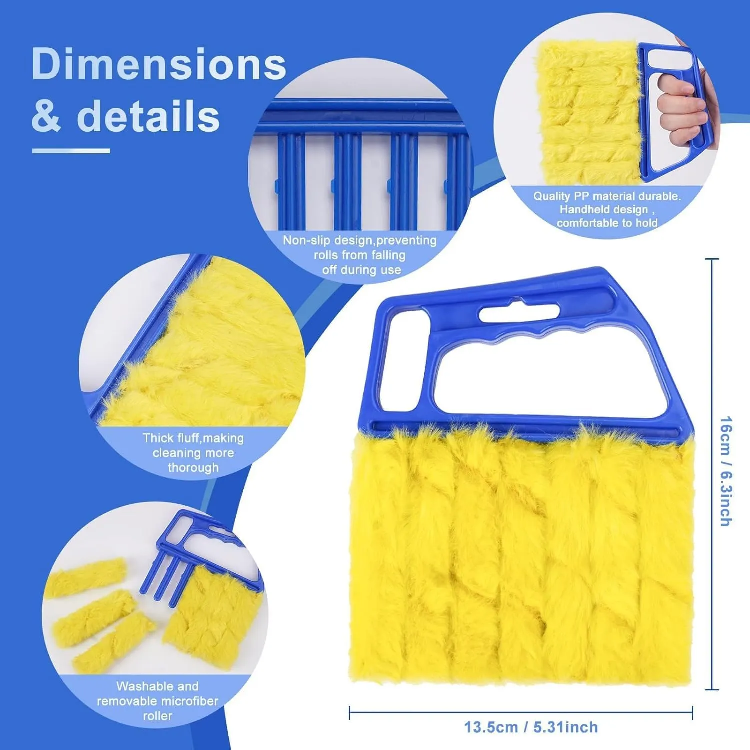 Handheld Blinds Cleaner Shutters, Curtain Brush Dust Remover with 7 Removable Microfiber Sleeves, Air Conditioning Home Gadgets, Car Vents, Fan Shutters with 7 Blades (Blue 2Pack)