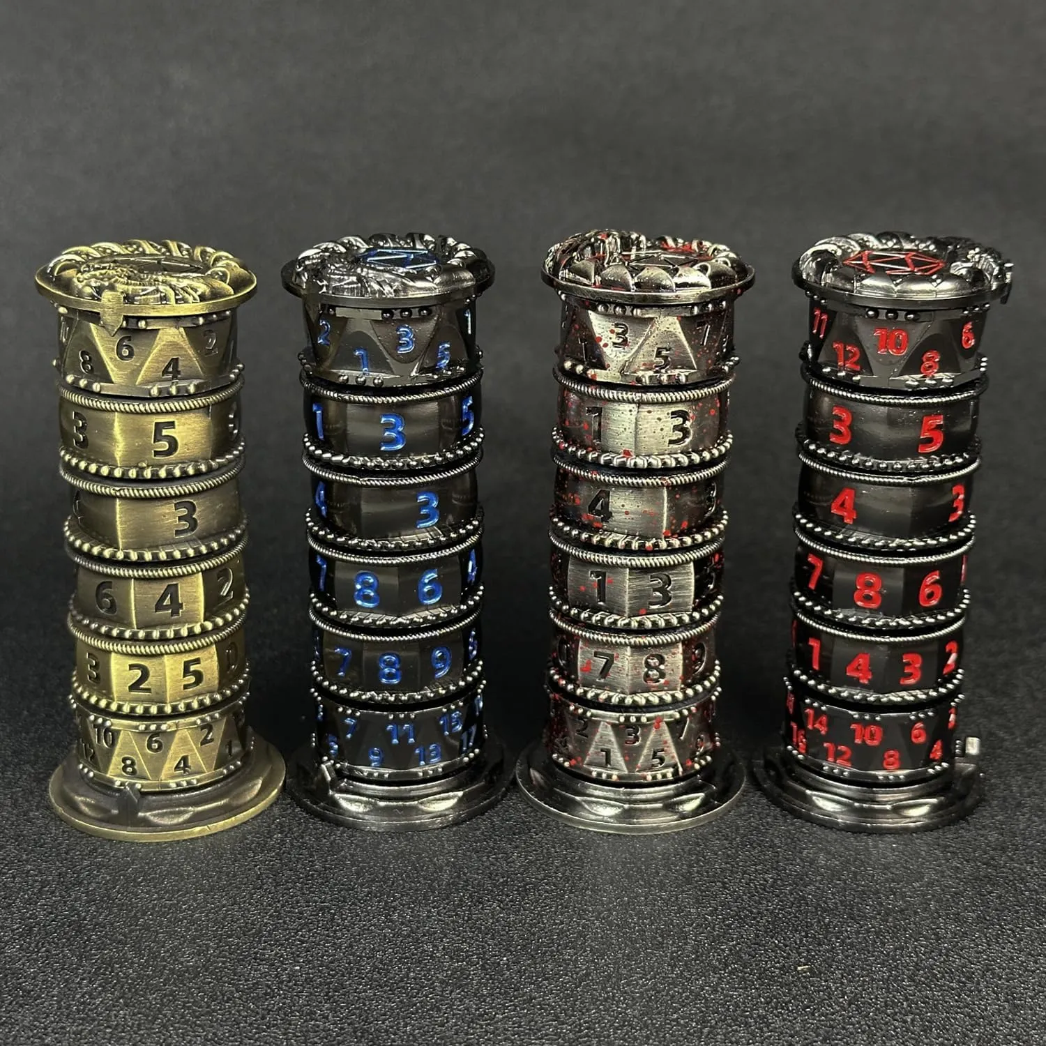 HAOMEJA Pagoda Dice Spinner 7 in 1 DND Set, Metal Roulette D&D With Gift Random Dragon Eye Bag, Dungeons and Dragons RPG Role Playing Gaming (Ancient Blood Silver)