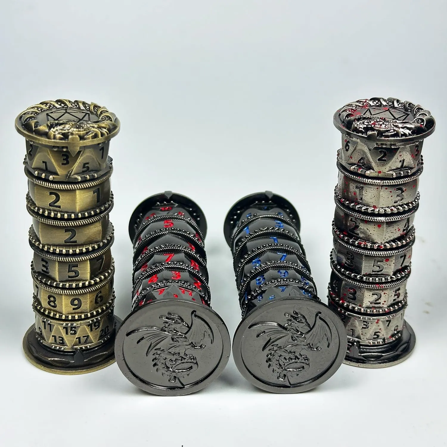 HAOMEJA Pagoda Dice Spinner 7 in 1 DND Set, Metal Roulette D&D With Gift Random Dragon Eye Bag, Dungeons and Dragons RPG Role Playing Gaming (Ancient Blood Silver)