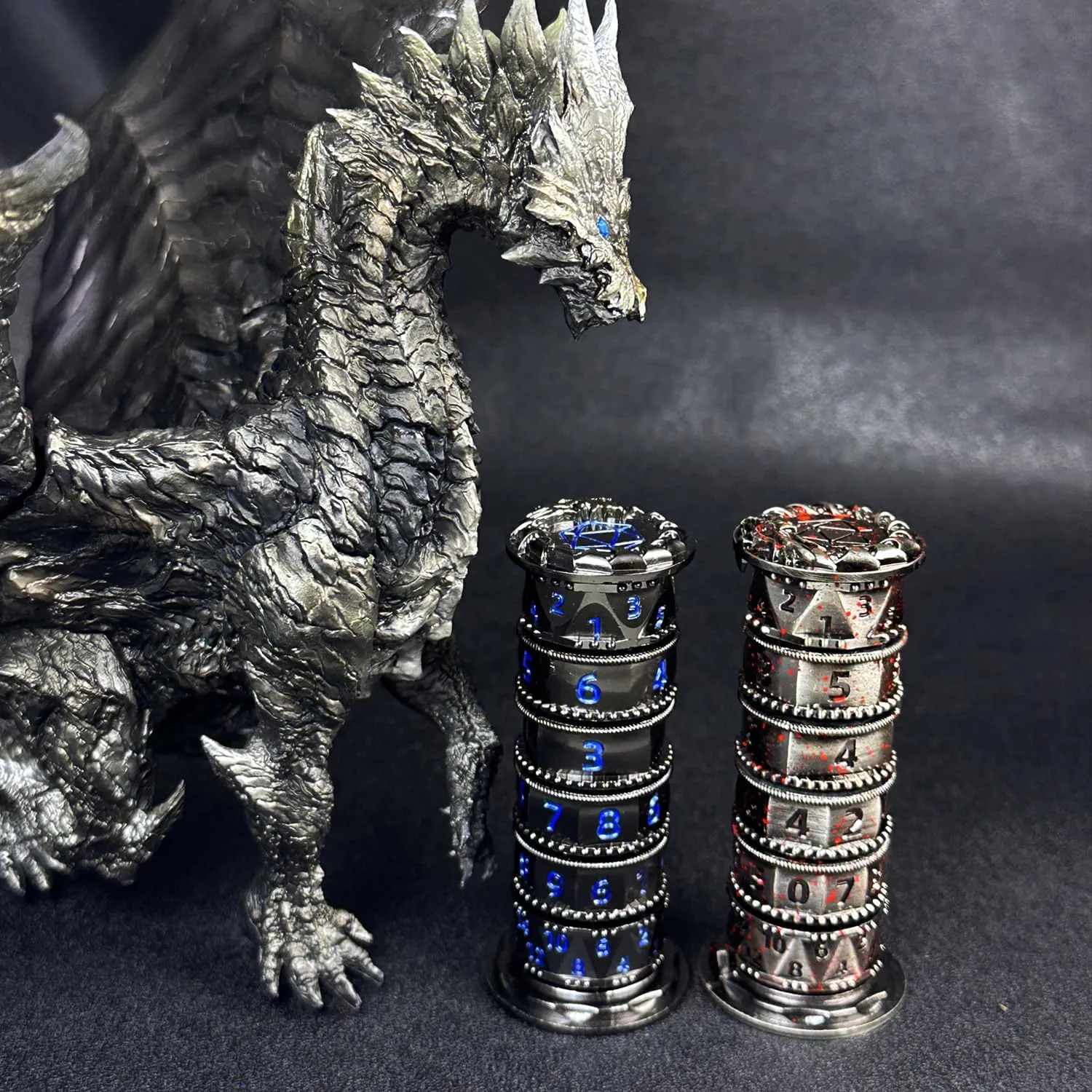 HAOMEJA Pagoda Dice Spinner 7 in 1 DND Set, Metal Roulette D&D With Gift Random Dragon Eye Bag, Dungeons and Dragons RPG Role Playing Gaming (Ancient Blood Silver)