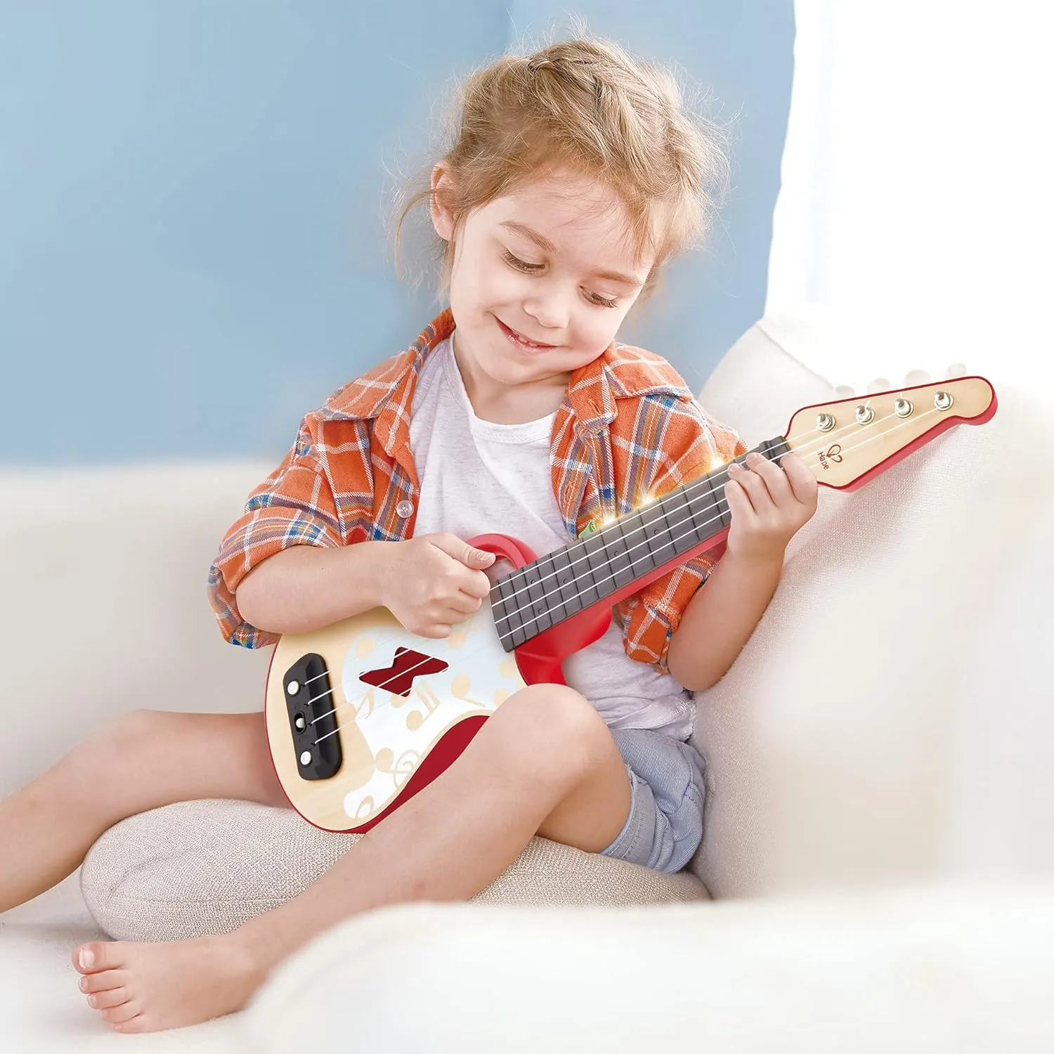 Hape Learn with Lights Electronic Ukulele Red | Leaning and Band Mode | Musical Instrument