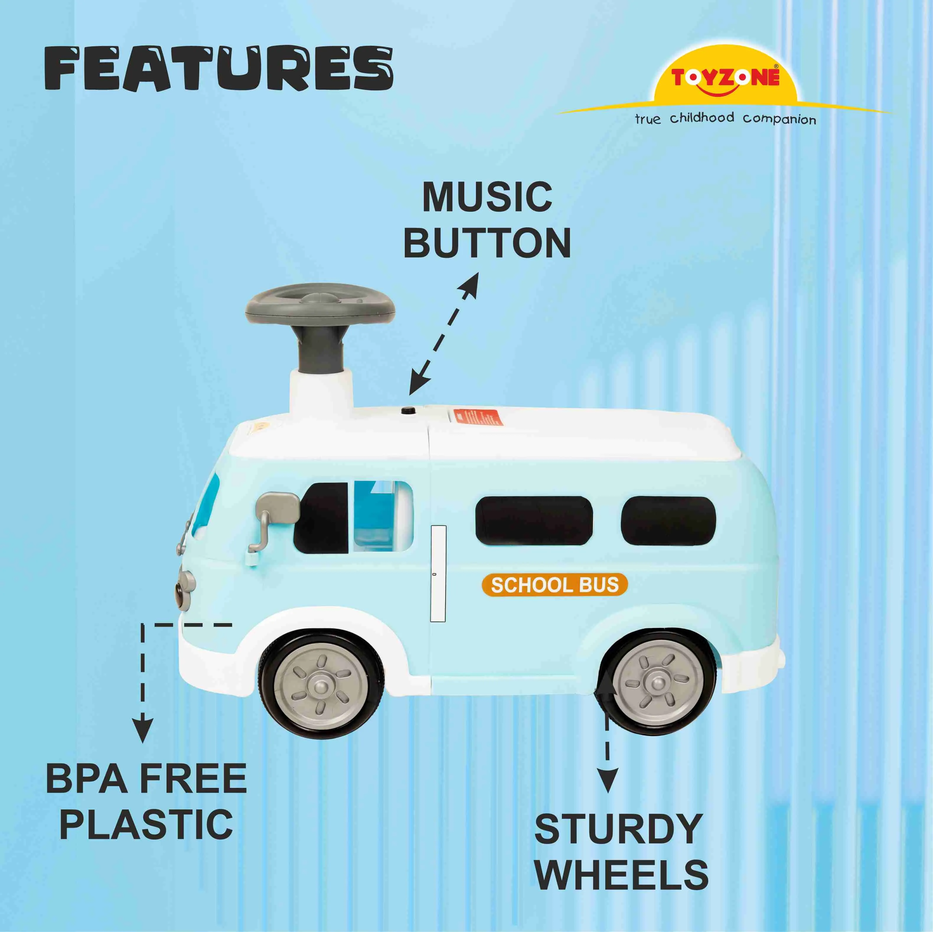 Happy Bus Ride On - Blue | Toddler Ride-on | Lights & Music | Ride-on with easy storage | Grip wheels | Make in India | Indoor & Outdoor | For Kids 2  years